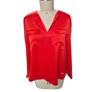 NWT Jones New York Signature Fiery Red Polyester V Neck 2 Pocket Top Sz L